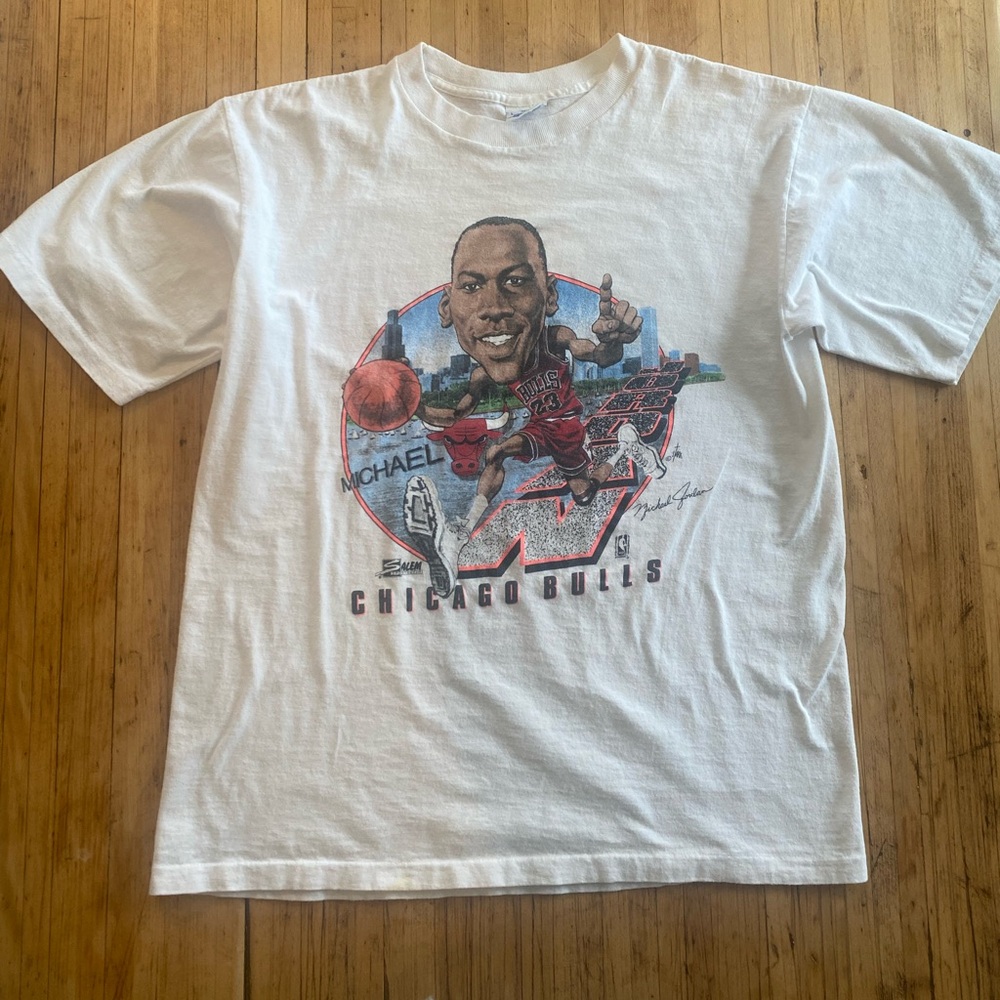 90s Salem Michael Jordan Caricature Chicago Bulls Graphic T-Shirt -White Vintage